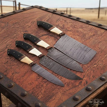 Load image into Gallery viewer, 5 piece Handmade Damascus Kitchen Knife Set with Black Resin White Bone and Rosewood Handles