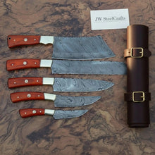 Load image into Gallery viewer, 5-Piece Damascus Kitchen Knife Set — Butcher, Bread, Chef, Utility &amp; Paring with Reddish Hardwood Handles