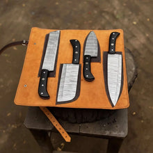 Load image into Gallery viewer, 5-Piece Stainless Steel Chef Knife Set with Leather Roll | Ebony Wood Handle Knives