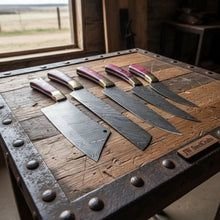 Load image into Gallery viewer, 5-Piece Handmade Damascus Kitchen Knife Set – Red Pakkawood Handles &amp; Brass Bolsters | Chef, Santoku, Bread, Utility &amp; Cleaver
