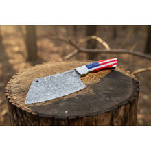 Load image into Gallery viewer, Ko-Bunka Damascus Steel Knife, Reverse Tanto Japanese Prep Knife, Handmade Damascus Blade with USA Flag Resin Handle, Compact Bunka Kitchen Knife JW SteelCrafts