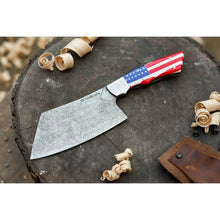 Load image into Gallery viewer, Ko-Bunka Damascus Steel Knife, Reverse Tanto Japanese Prep Knife, Handmade Damascus Blade with USA Flag Resin Handle, Compact Bunka Kitchen Knife JW SteelCrafts