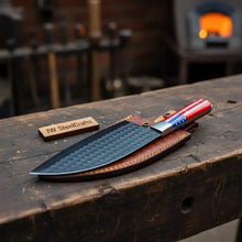 Load image into Gallery viewer, Ko-Santoku Damascus Steel Knife, Compact Japanese Santoku Kitchen Knife, Hammered Finish Blade, USA Flag Resin Handle, Handmade Prep Knife JW SteelCrafts