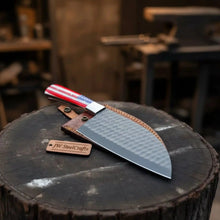 Load image into Gallery viewer, Ko-Santoku Damascus Steel Knife, Compact Japanese Santoku Kitchen Knife, Hammered Finish Blade, USA Flag Resin Handle, Handmade Prep Knife JW SteelCrafts