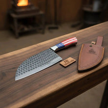 Load image into Gallery viewer, Ko-Santoku Damascus Steel Knife, Compact Japanese Santoku Kitchen Knife, Hammered Finish Blade, USA Flag Resin Handle, Handmade Prep Knife JW SteelCrafts