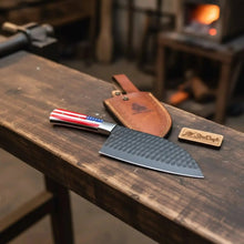 Load image into Gallery viewer, Ko-Santoku Damascus Steel Knife, Compact Japanese Santoku Kitchen Knife, Hammered Finish Blade, USA Flag Resin Handle, Handmade Prep Knife JW SteelCrafts