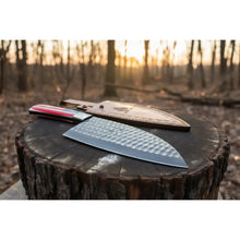 Load image into Gallery viewer, Ko-Santoku Damascus Steel Knife, Compact Japanese Santoku Kitchen Knife, Hammered Finish Blade, USA Flag Resin Handle, Handmade Prep Knife JW SteelCrafts