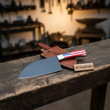 Load image into Gallery viewer, Ko-Santoku Damascus Steel Knife, Compact Japanese Santoku Kitchen Knife, Hammered Finish Blade, USA Flag Resin Handle, Handmade Prep Knife JW SteelCrafts