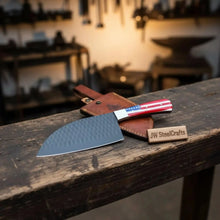 Load image into Gallery viewer, Ko-Santoku Knife with Hammered Carbon Steel Blade and USA Flag Handle