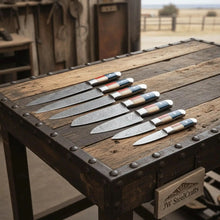 Load image into Gallery viewer, 8-Piece Damascus Kitchen Knife Set — Texas Flag Handles, Full Tang Chef, Bread, Santoku, Utility &amp; Paring Knives