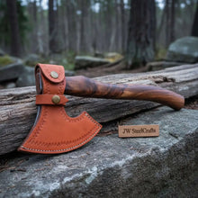 Load image into Gallery viewer, Traditional Norse Bearded War Axe (Skeggøx) featuring Damascus Steel Head, Solid Wood Handle, Sheath Included
