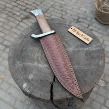 Load image into Gallery viewer, 14-Inch Damascus Frontier Bowie Knife — 9-Inch Blade, Lace Wood Coffin Handle, Steel Guard &amp; Tooled Leather Sheath