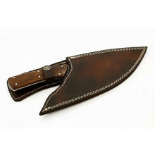 Load image into Gallery viewer, Handmade Fire Pattern Damascus Camp Utility Knife – 12” Fixed Blade with Rosewood Handle &amp; Leather Sheath