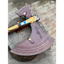 Load image into Gallery viewer, Hand Forged Viking Fantasy Double-Bit Axe with Norse Engraving, Gold Handle Fittings and Blue Gemstone Inlays