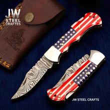 Load image into Gallery viewer, Handmade Damascus Folding Knife with Ram Horn or American Flag Handle