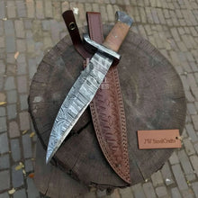 Load image into Gallery viewer, 14-Inch Damascus Frontier Bowie Knife — 9-Inch Blade, Lace Wood Coffin Handle, Steel Guard &amp; Tooled Leather Sheath