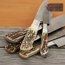Load image into Gallery viewer, 7-Piece Damascus Kitchen Knife Set — Synthetic Stag Horn Handles, Brass Bolsters &amp; Full Tang Forged Blades