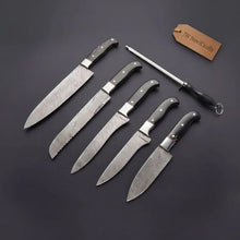 Load image into Gallery viewer, 5-Piece Damascus Kitchen Knife Set — 9" Uniform Blades, Black Handles with Steel Bolsters, Leather Roll &amp; Honing Rod