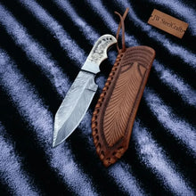 Load image into Gallery viewer, Handmade Damascus Drop Point Hunting Knife with Engraved Bone Handle and Leather Sheath