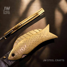 Load image into Gallery viewer, Handmade Damascus Steel Folding Knife with Engraved Brass Fish Handle