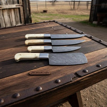 Load image into Gallery viewer, 4-Piece Damascus Kitchen Knife Set — Chef, Slicer, Utility &amp; Cleaver with White Camel Bone Handles &amp; Steel Bolsters | JW Steel Crafts