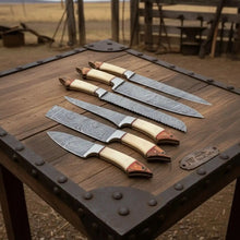 Load image into Gallery viewer, 6-Piece Damascus Kitchen Knife Set — Chef, Bread, Fillet, Cleaver &amp; Utility Knives with White Bone and Red Wood Handles, Leather Roll &amp; Sharpener