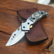 Load image into Gallery viewer, Marble Resin Handle Folding Pocket Knife w/ Leather Sheath | JW SteelCrafts