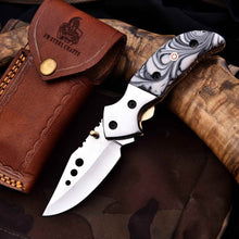 Load image into Gallery viewer, Marble Resin Handle Folding Pocket Knife w/ Leather Sheath | JW SteelCrafts