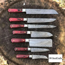 Load image into Gallery viewer, Handmade Damascus Kitchen Knife Set with Red Pakka Wood Handles | Complete 7-Piece Collection
