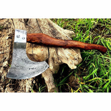 Load image into Gallery viewer, Matching Pair of Hand-Forged Damascus Bearded Axes with Curved Rosewood Handles