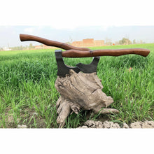 Load image into Gallery viewer, Matching Pair of Hand-Forged Damascus Bearded Axes with Curved Rosewood Handles