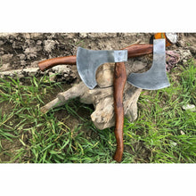 Load image into Gallery viewer, Matching Pair of Hand-Forged Damascus Bearded Axes with Curved Rosewood Handles