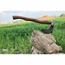 Load image into Gallery viewer, Matching Pair of Hand-Forged Damascus Bearded Axes with Curved Rosewood Handles