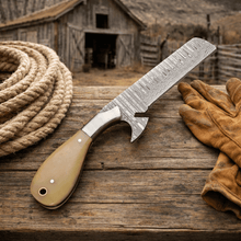 Load image into Gallery viewer, Maverick Bull Cutter – Hand-Forged Damascus Cowboy Skinner Knife with Leather Sheath