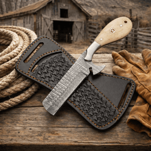 Load image into Gallery viewer, Maverick Bull Cutter – Hand-Forged Damascus Cowboy Skinner Knife with Leather Sheath