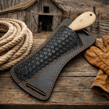 Load image into Gallery viewer, Maverick Bull Cutter – Hand-Forged Damascus Cowboy Skinner Knife with Leather Sheath