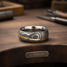 Load image into Gallery viewer, Mens Damascus Steel Wedding Band Raindrop Pattern with Brass Inlay