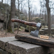 Load image into Gallery viewer, Hand Forged Carbon Steel Viking Axe with Carved Ash Wood Handle and Leather Grip
