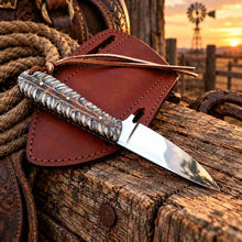 Load image into Gallery viewer, Handmade D2 Cowboy Knife with Mirror Finish Blade, White Pinecone Handle &amp; Western Pancake Leather Sheath