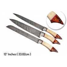 Load image into Gallery viewer, 6-Piece Damascus Kitchen Knife Set — Chef, Bread, Fillet, Cleaver &amp; Utility Knives with White Bone and Red Wood Handles, Leather Roll &amp; Sharpener