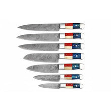 Load image into Gallery viewer, 8-Piece Damascus Kitchen Knife Set — Texas Flag Handles, Full Tang Chef, Bread, Santoku, Utility &amp; Paring Knives