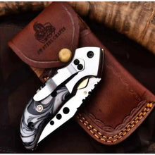 Load image into Gallery viewer, Marble Resin Folding Pocket Knife — Drop Point Blade, Brass Pivot, and Genuine Leather Sheath