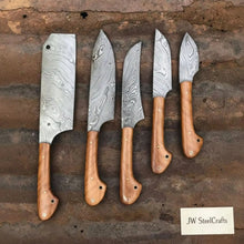 Load image into Gallery viewer, Custom Hand-Forged Damascus 5-Piece Kitchen Knife Set with Olive Wood Handles
