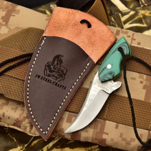 Load image into Gallery viewer, Neck Knife with Leather Sheath – Mini Damascus Pattern Blade | Green Resin Handle | JW SteelCrafts