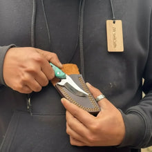 Load image into Gallery viewer, Neck Knife with Leather Sheath – Mini Damascus Pattern Blade | Green Resin Handle | JW SteelCrafts