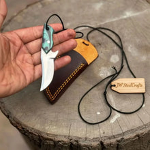 Load image into Gallery viewer, Neck Knife with Leather Sheath – Mini Damascus Pattern Blade | Green Resin Handle | JW SteelCrafts