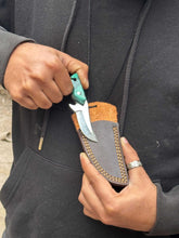 Load image into Gallery viewer, Neck Knife with Leather Sheath – Mini Damascus Pattern Blade | Green Resin Handle | JW SteelCrafts