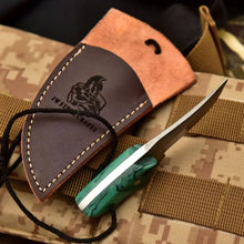 Load image into Gallery viewer, Neck Knife with Leather Sheath – Mini Damascus Pattern Blade | Green Resin Handle | JW SteelCrafts