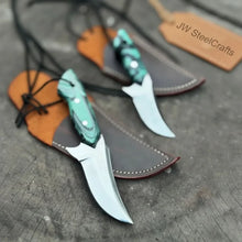 Load image into Gallery viewer, Neck Knife with Leather Sheath – Mini Damascus Pattern Blade | Green Resin Handle | JW SteelCrafts