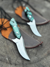 Load image into Gallery viewer, Neck Knife with Leather Sheath – Mini Damascus Pattern Blade | Green Resin Handle | JW SteelCrafts